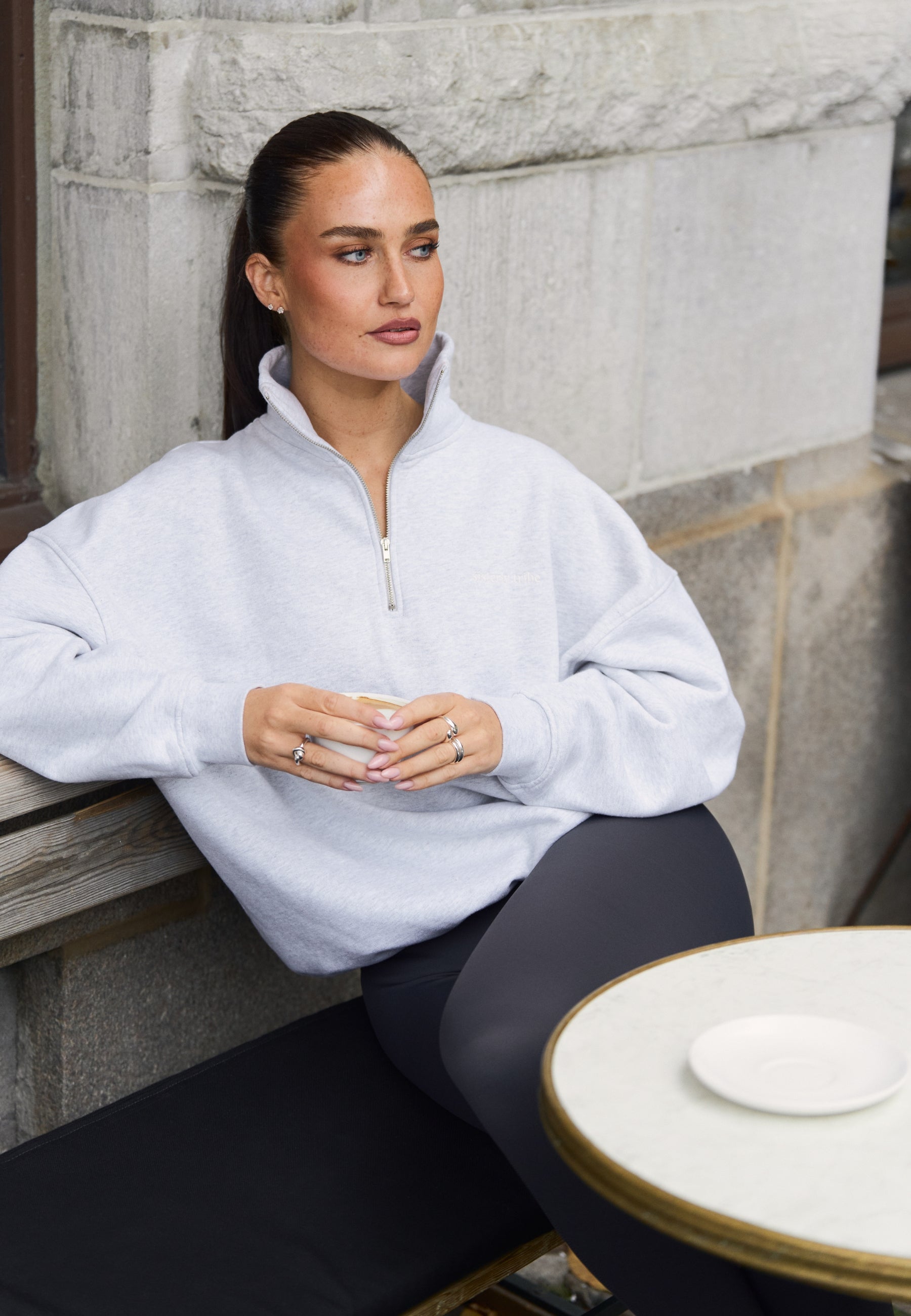 Sweat-shirt demi-zip ample - Gris chiné