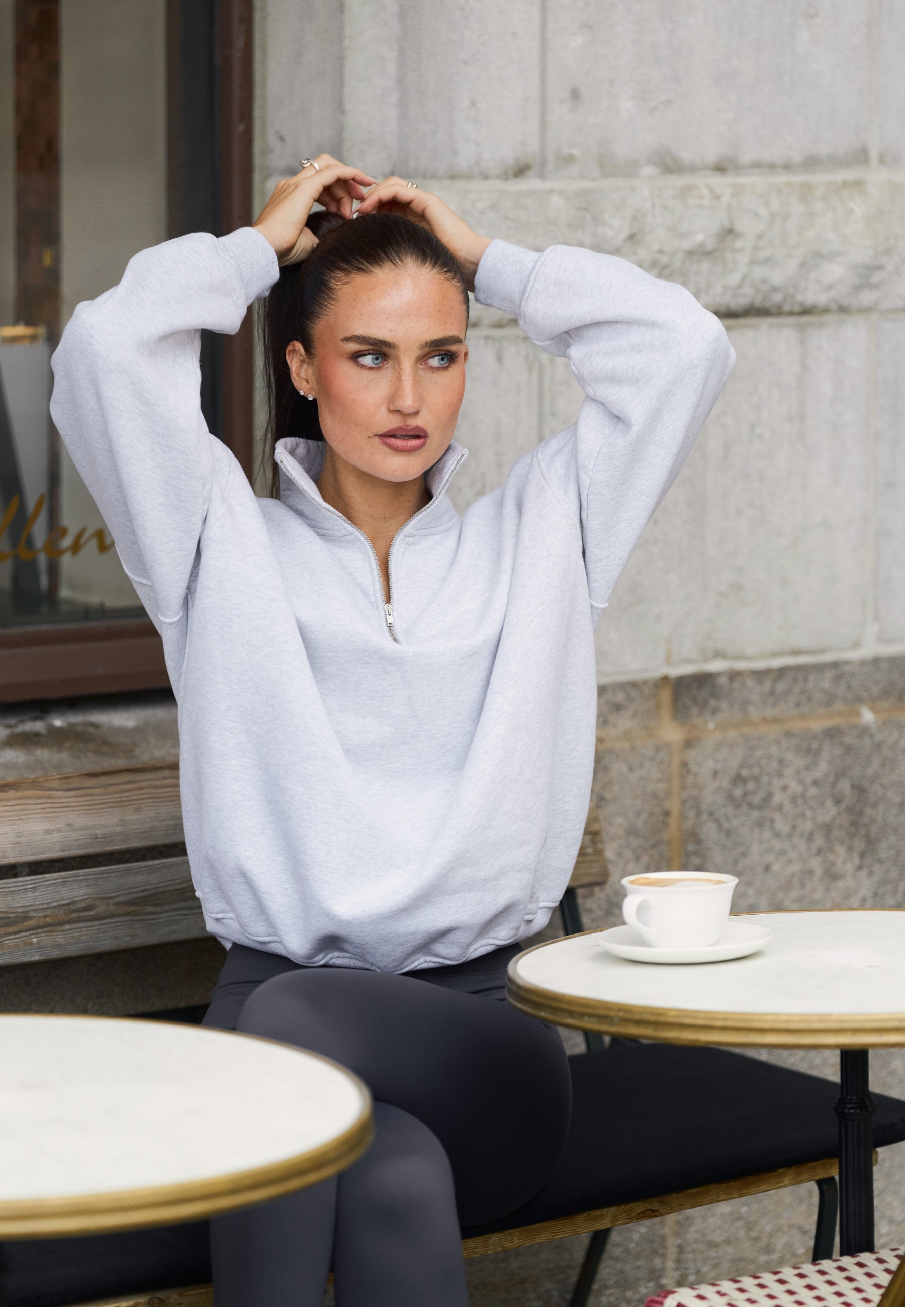 Sweat-shirt demi-zip ample - Gris chiné