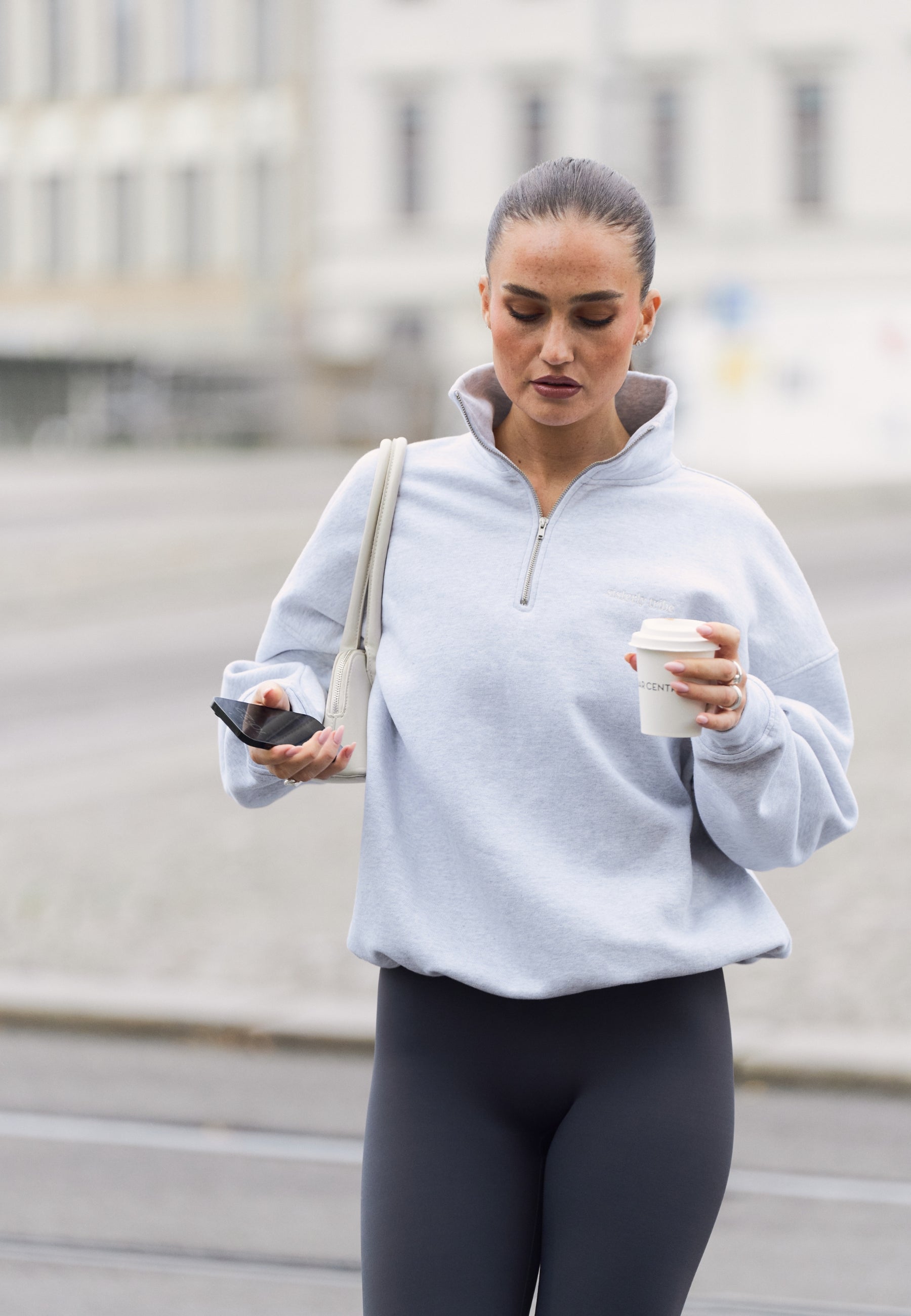 Sweat-shirt demi-zip ample - Gris chiné