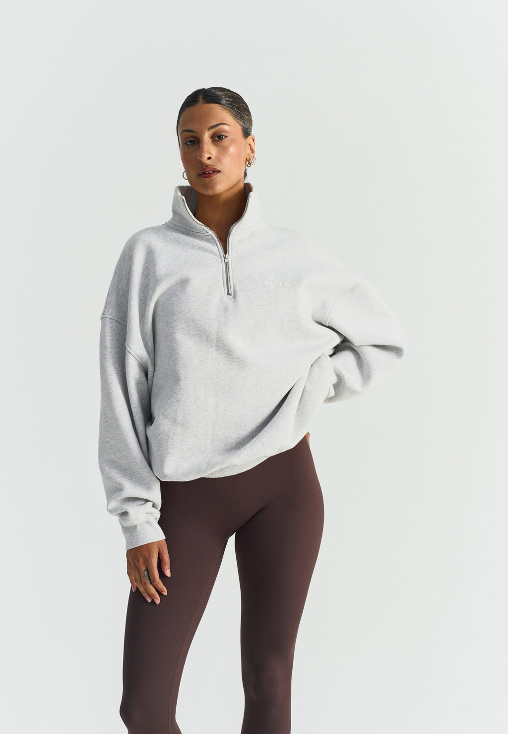 Sweat-shirt demi-zip ample - Gris chiné