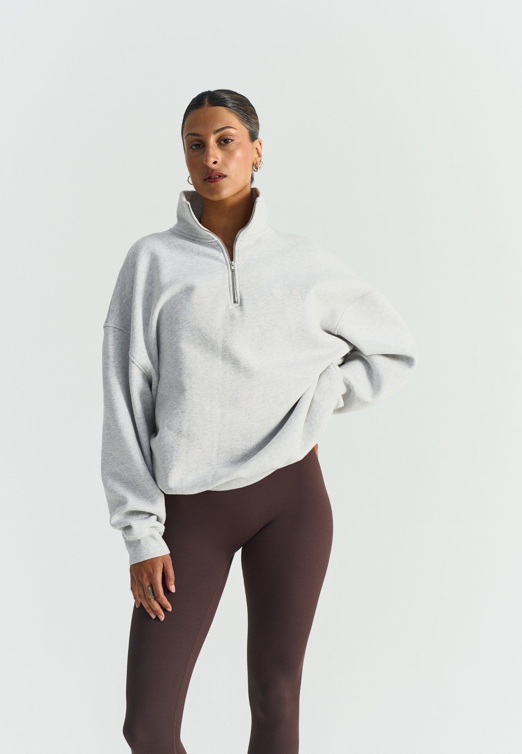 Sweat-shirt demi-zip ample - Gris chiné