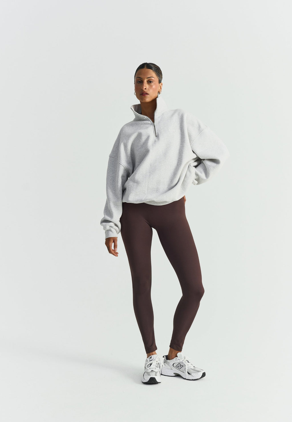 Sweat-shirt demi-zip ample - Gris chiné