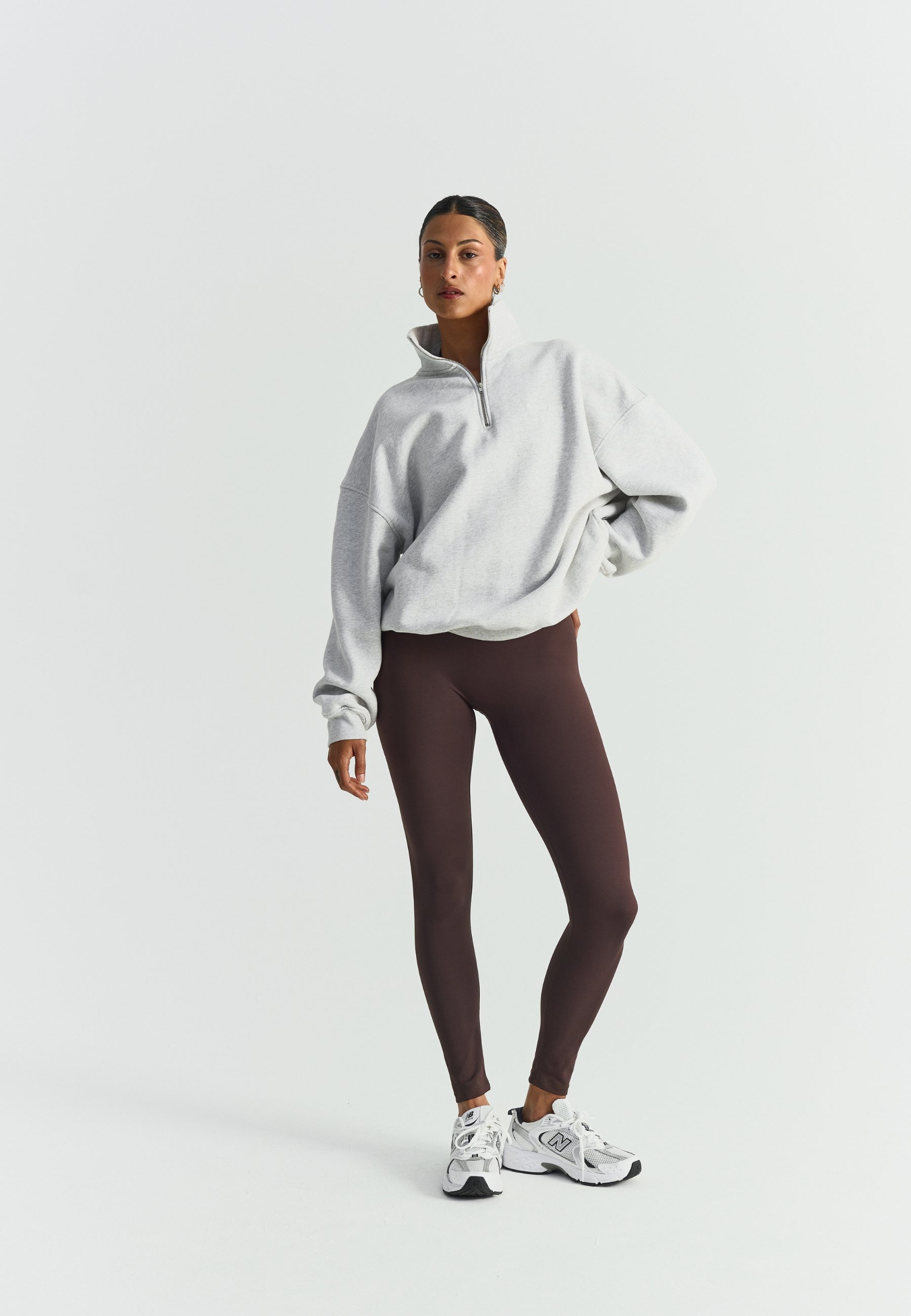 Sweat-shirt demi-zip ample - Gris chiné