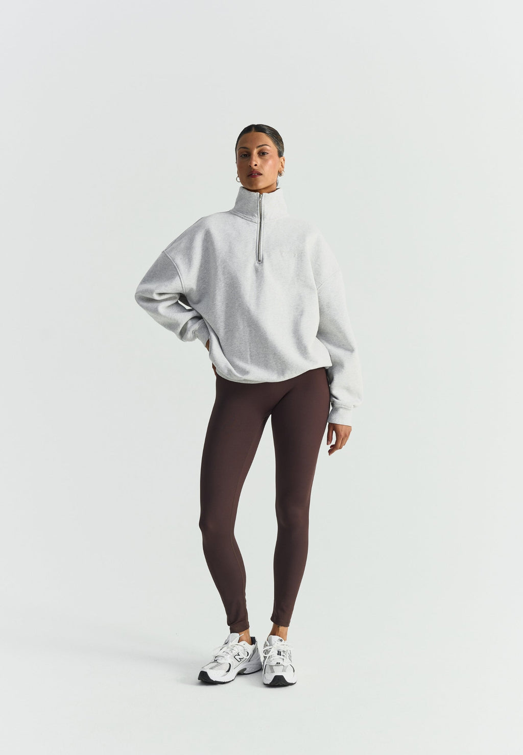 Sweat-shirt demi-zip ample - Gris chiné