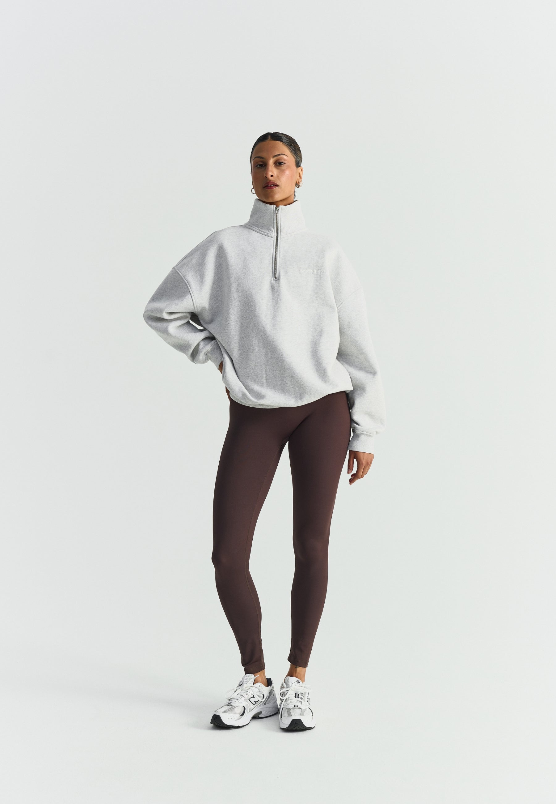 Sweat-shirt demi-zip ample - Gris chiné